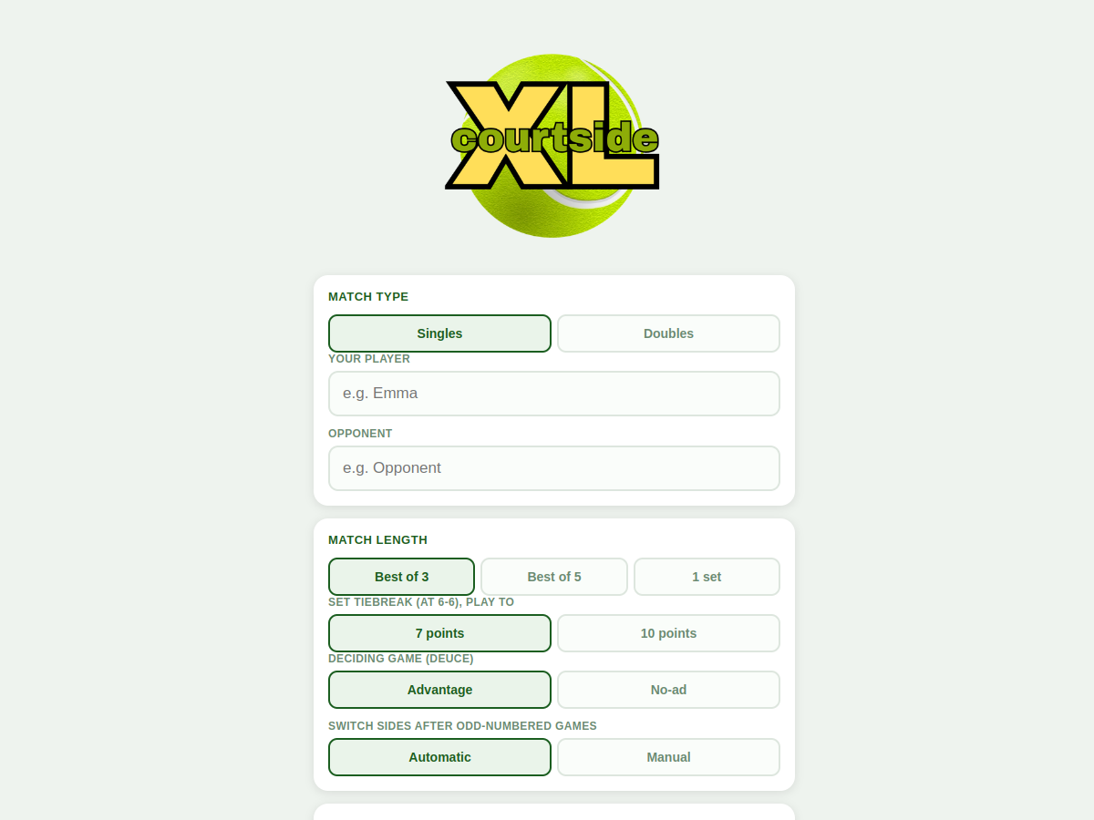 XLCourtside tennis match scoring web app